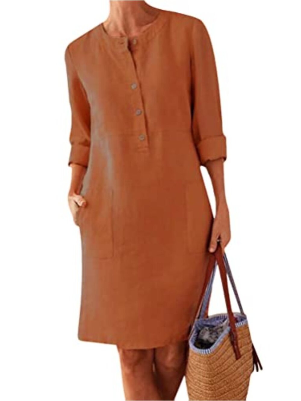 Cotton Linen Casual Knee Length Loose Dress Long Sleeve with Pockets